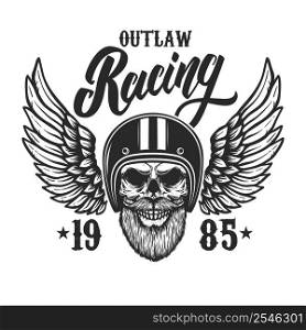 Racing. Bearded skull in winged racer helmet. Design element for logo, label, sign, emblem, poster, t shirt. Vector illustration