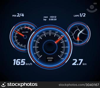 Racing car computer and app smartphone game dashboard vector interface. Racing car computer and app smartphone game dashboard with speedometer and gps. Vector illustration