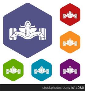 Racing car formula icons vector colorful hexahedron set collection isolated on white. Racing car formula icons vector hexahedron