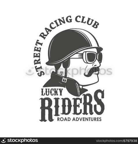 racing club emblem template. Street racing club. Lucky Riders. Men's head in vintage racer helmet. Vector illustration.