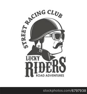 racing club emblem template. Street racing club. Lucky Riders. Men's head in vintage racer helmet. Vector illustration.