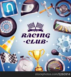 Racing Club Frame. Racing club frame with logo, car parts, helmet, canister, trophy on blue background with stars vector illustration