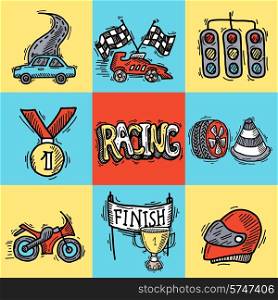 Racing design concept set with auto sport sketch decorative icons isolated vector illustration