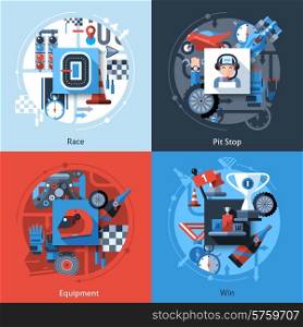 Racing design concept set with pit stop equipment win flat icons isolated vector illustration. Racing Icons Set