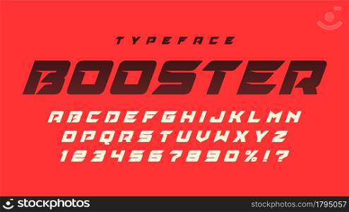 Racing display font design, dynamic alphabet, letters and numbers. Vector characters. Racing display font design, dynamic alphabet, letters and numbers