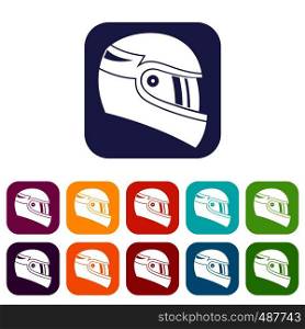 Racing helmet icons set vector illustration in flat style in colors red, blue, green, and other. Racing helmet icons set