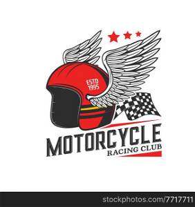 Racing helmet with wings icon. Motorcycle race, motocross or biker club, motorsport competition vintage emblem or vector icon with winged helmet, start and finish checkered flag. Motorcycle racing helmet vector vintage icon