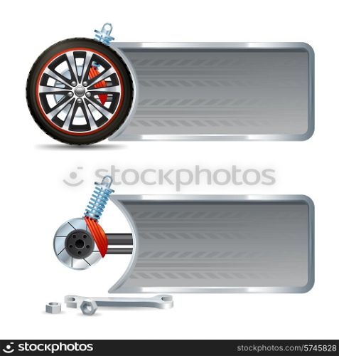 Racing horizontal banner set with realistic wheel tire and car repair elements isolated vector illustration