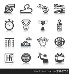 Racing icons black set with trophy auto helmet timer isolated vector illustration. Racing Icons Black