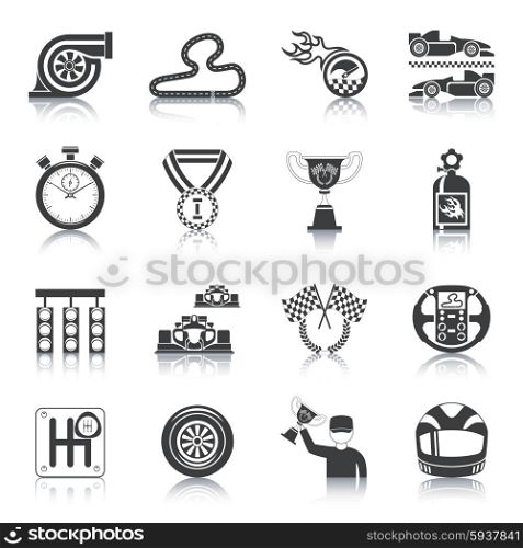 Racing icons black set with trophy auto helmet timer isolated vector illustration. Racing Icons Black