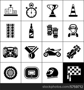 Racing icons black set with winner podium award trophy isolated vector illustration. Racing Icons Black