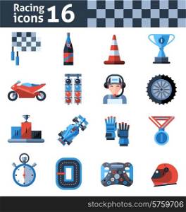 Racing icons set with motorcycle trophy helmet winner medal isolated vector illustration. Racing Icons Set