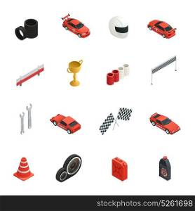 Racing Isometric Icons Set. Sixteen isolated car race isometric icons set with tyres cars oil cans winner cup and helmet vector illustration