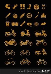 Racing motorcycle, bicycle, motorbike parts and transportation vector icons of set isolated on black illustration. Racing motorcycle, bicycle, motorbike parts and transportation vector icons