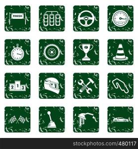 Racing speed icons set in grunge style green isolated vector illustration. Racing speed icons set grunge