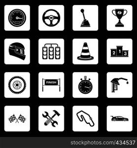 Racing speed icons set in white squares on black background simple style vector illustration. Racing speed icons set squares vector