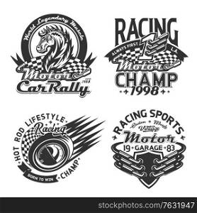 Racing sport and car rally t-shirt print mockup, vector motorsport championship custom apparel. Start and finish racing flags, wild mustang horse, race auto speedometer and mufflers badge templates. Racing sport and car rally t-shirt print mockups