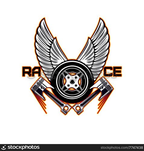 Racing sport vector icon with winged wheel and engine pistons. Speed competition of race car, motorcycle or bike isolated symbol of motor sport, rally, automobile racing and motocross. Racing sport vector icon, winged wheel, pistons
