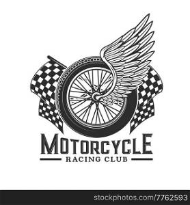 Racing wheel with wings, races icon for motocross or speedway sport. Motorcycle and bike motors racing club vector badge with start and finish flags for custom choppers championship cup or rally. Racing wheel with wings, races icon for motocross
