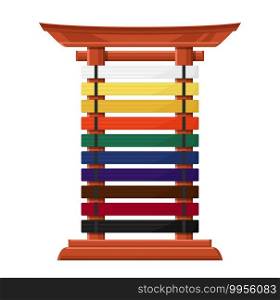 Rack for karate belts isolated vector wooden stand in asian style with multicolored crossbars. Accessory for martial kenpo arts class. Stand for hanging kimono belts, aikido, juijitsu, karate combat. Rack for karate belts isolated vector wooden stand