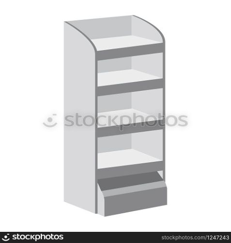 Rack shelves for supermarket floor showcases on a white background. Advertisement POS POI. Rack shelves for supermarket floor showcases on a white background. Advertisement POS POI. Slender white. Layout template. Vector illustration. Isolated