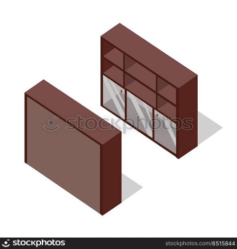 Rack with glass doors on two sides vector in isometric projection. Furniture illustration for stores advertising, icons, infographics, logo, web and games environment design. On white background . Rack Vector Illustration in Isometric Projection. Rack Vector Illustration in Isometric Projection