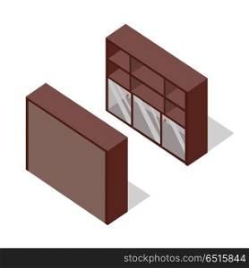 Rack with glass doors on two sides vector in isometric projection. Furniture illustration for stores advertising, icons, infographics, logo, web and games environment design. On white background . Rack Vector Illustration in Isometric Projection. Rack Vector Illustration in Isometric Projection