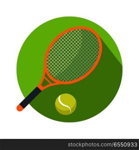 Racket and ball icon logo for tennis web button. Isolated on white background illustration with shadow. Hobby activity sport game, combinated equipment racquet and ball symbol for tennis. Vector. Racket and Ball Icon Logo for Tennis Web Button.