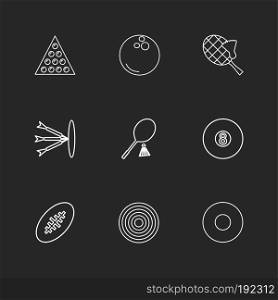 racket , bowling , tennis , target , sports , games , fitness , athletics , football , bodybuilding , snooker , ball , cricket , tennis , stopwatch , golf  , social , media , icon, vector, design,  flat,  collection, style, creative,  icons