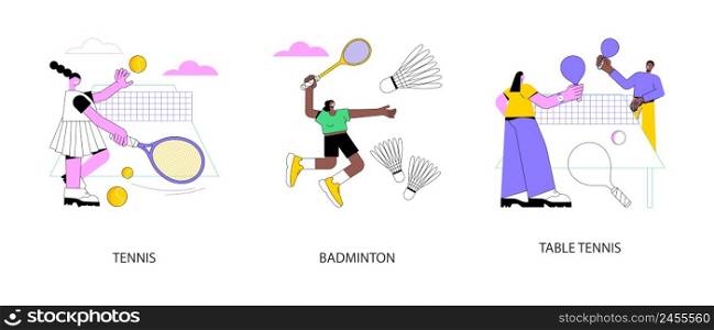 Racket sport abstract concept vector illustration set. Tennis and badminton, table tennis, professional player, tennis court, club training, ping pong game, racket rental, fitness abstract metaphor.. Racket sport abstract concept vector illustrations.