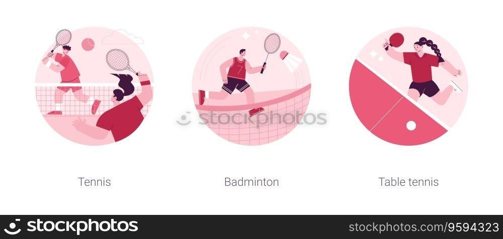 Racket sport abstract concept vector illustration set. Tennis and badminton, table tennis, professional player, club training, ping pong game, professional player, sportswear abstract metaphor.. Racket sport abstract concept vector illustrations.