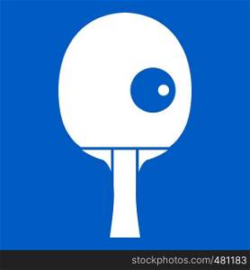 Rackets and ball for playing table tennis icon white isolated on blue background vector illustration. Rackets and ball for playing table tennis icon