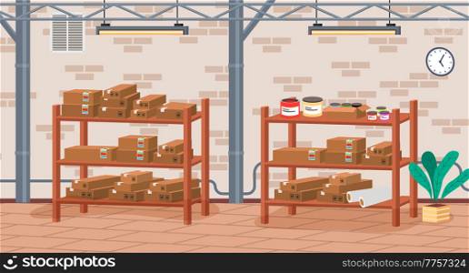 Racks with boxes and color containers cans with dyes in printing house room vector illustration. Cardboard containers stand on shelves in modern typography or print office near brick wall. Racks with boxes and color containers cans with dyes in printing house room vector illustration