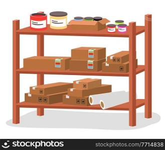 Racks with boxes and color containers cans with dyes or paint, printing house tools isolated vector illustration. Cardboard containers stand on wooden shelves in modern typography or print office. Racks with boxes and color containers cans with dyes, printing house tools vector illustration