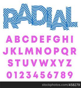 Radial alphabet font. Letters and numbers circular line design. Vector illustration.. Radial alphabet font. Letters and numbers circular line design