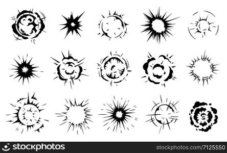 Radial explosion silhouette. Exploding bursts, round explosions cloud and exploded bomb effect black silhouettes. Explosion burst dust, power bombs explode effect. Isolated symbols graphic vector set. Radial explosion silhouette. Exploding bursts, round explosions cloud and exploded bomb effect black silhouettes graphic vector set