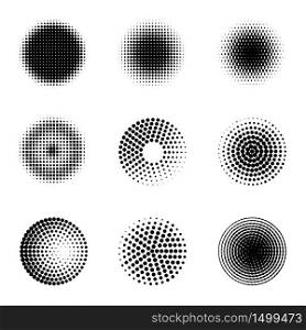 Radial halftone. Different gradient circles, halftone dots graphic digital technology texture, stippling perforated abstract vector radiating elements. Radial halftone. Different gradient circles, halftone dots graphic digital technology texture, stippling perforated abstract vector elements