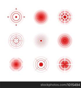 Radial red shapes. Migraine aiming bones painful target concentric pain vector abstract rings. Red target radial pain, cross aiming focus illustration. Radial red shapes. Migraine aiming bones painful target concentric pain vector abstract rings