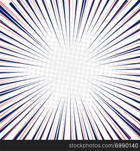 Radial speed lines fast motion background with circles halftone. Pop art pattern and zoom effect. Comic vector illustration