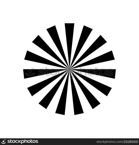 Radial sunburst. Round sun burst. Radial black-white icon. Starburst circle. Abstract stripes with center. Round sun burst element isolated on white background. Circular star. Vector.