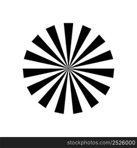 Radial sunburst. Round sun burst. Radial black-white icon. Starburst circle. Abstract stripes with center. Round sun burst element isolated on white background. Circular star. Vector.