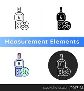 Radiation dosimeter icon. Geiger counter. Measuring external ionizing radiation dose uptake. Radioactive materials. Linear black and RGB color styles. Isolated vector illustrations. Radiation dosimeter icon