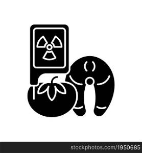 Radiation in food testing black glyph icon. Food irradiation technology. Determine product nuclear hazard. Radioactive nutrition. Silhouette symbol on white space. Vector isolated illustration. Radiation in food testing black glyph icon