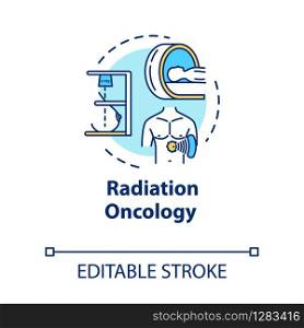 Radiation oncology concept icon. Diagnosis and treatment of cancer. Tumor therapy. Radiotherapy idea thin line illustration. Vector isolated outline RGB color drawing. Editable stroke