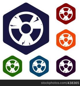 Radiation sign icons set hexagon isolated vector illustration. Radiation sign icons set hexagon