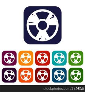 Radiation sign icons set vector illustration in flat style In colors red, blue, green and other. Radiation sign icons set flat