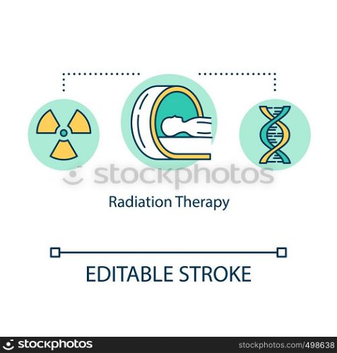 Radiation therapy concept icon. Cancer treatment idea thin line illustration. Oncology therapy. Radiology. Tumor irradiation. Vector isolated outline RGB color drawing. Editable stroke