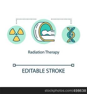 Radiation therapy concept icon. Cancer treatment idea thin line illustration. Oncology therapy. Radiology. Tumor irradiation. Vector isolated outline RGB color drawing. Editable stroke