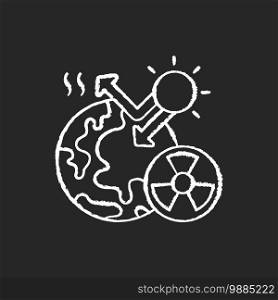 Radiative forcing chalk white icon on black background. Earth and energy radiated back to space. Greenhouse effect on planets. Dangerous life problems. Isolated vector chalkboard illustration. Radiative forcing chalk white icon on black background