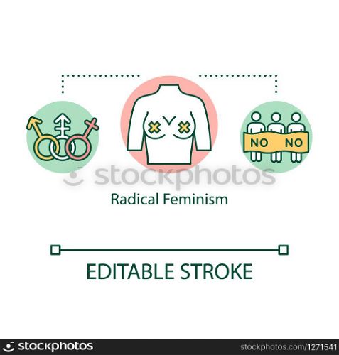 Radical feminism concept icon. Gender equality movement demostration, women empowerment, female supremacy ideology thin line illustration. Vector isolated outline RGB color drawing. Editable stroke. Radical feminism concept icon. Gender equality movement demonstration, women empowerment, female supremacy ideology thin line illustration. Vector isolated outline RGB color drawing. Editable stroke
